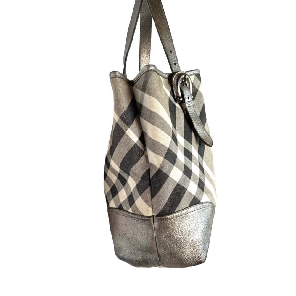 Burberry Byron Shimmer Check Gray Silver Metallic Plaid Tote - Picture 3 of 14